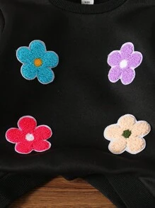 مجموعة بنطلون رياضي بسيط وبلوزة مع تطريز ثلاثي الأبعاد على الطراز الياباني لفتيات صغيرات، طقم ملابس شتوي/خريفي للأطفال - الأسود - مشاهدة 4