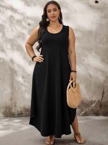 EMERY ROSE Plus Size Black Wide Strap Curved Hem Solid Midi Dress,Summer Casual Sleeveless Chic Vacation Holiday Dress Suitable For Spring And - Multicolor - View 3