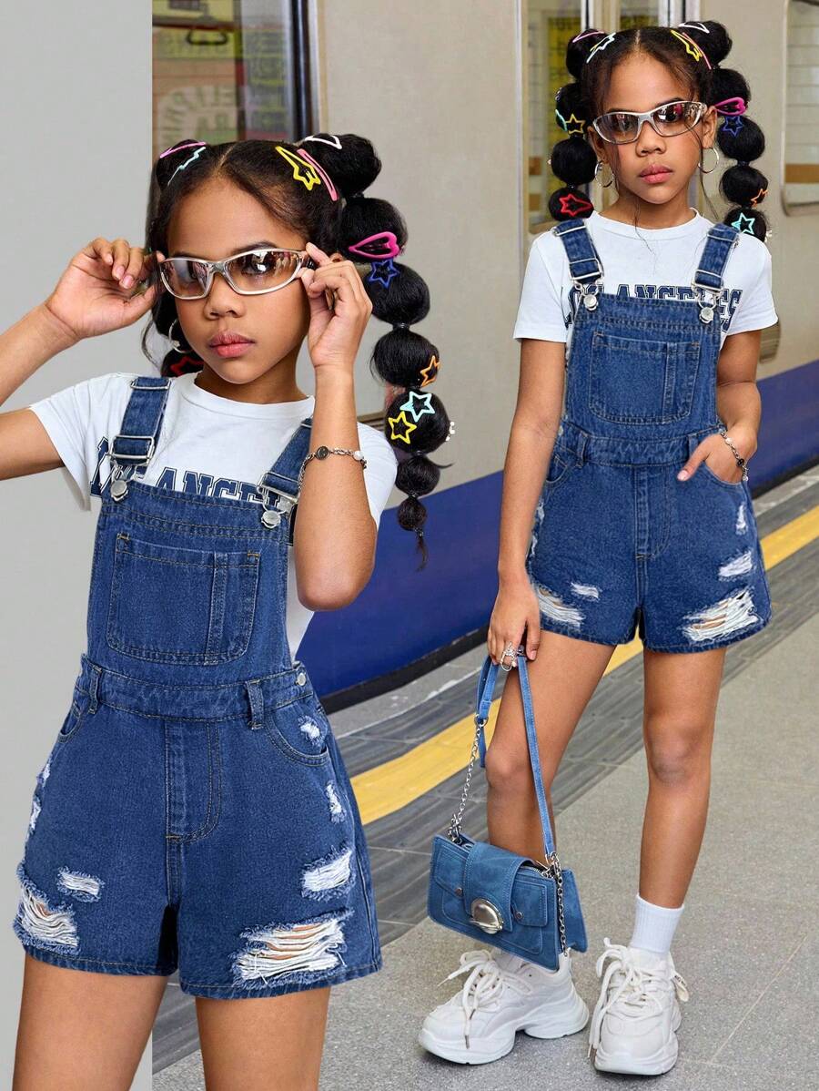SHEIN Tween Girls Summer Beach Boho Light Washed Slant Pocket Denim Overall Jumpsuit Romper Without Tee,Girls Summer Casual Concert Rave Outfits Graduation Outfit,Everyday Wear, Girls Jean Short Sets, Kids Overalls Girls, Denim Romper For Toddler Girl, Kids Jeans Romper