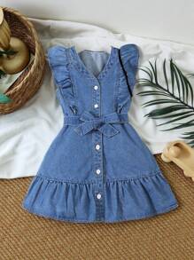SHEIN Vintaside Kids Young Girl Vacation Style Mid-Blue Wash Denim Dress With Cap Sleeves And Waist Belt - Medium Wash - View 1