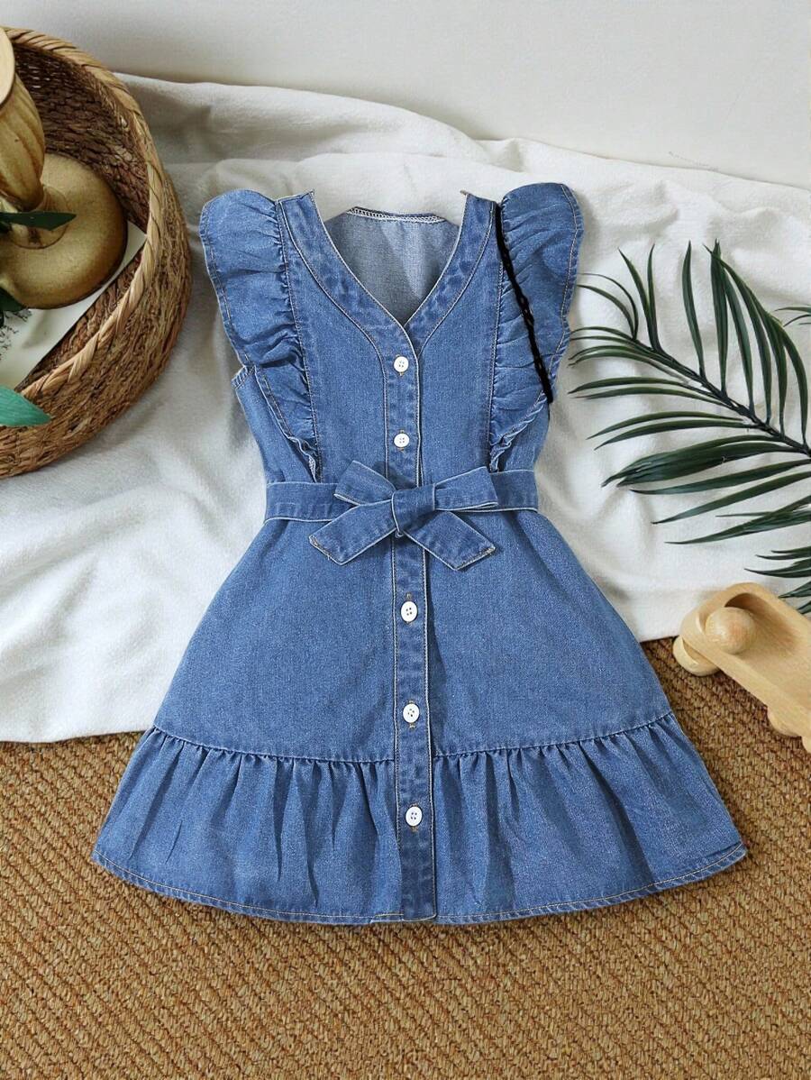 SHEIN Vintaside Kids Young Girl Vacation Style Mid-Blue Wash Denim Dress With Cap Sleeves And Waist Belt - Medium Wash - View 1