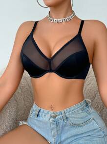 SHEIN 1 Áo ngực nâng ngực không gọng lưới gợi cảm tối giản - màu đen - Xem 4