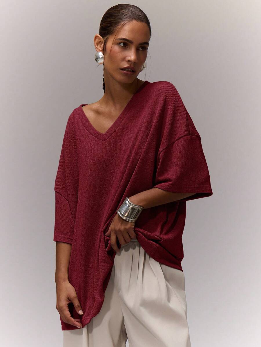 MUSERA Áo thun cổ chữ V dáng rộng, phong cách thường ngày, thoải mái, dễ thương, thích hợp mặc đi sân bay, đi học, mùa thu, mùa xuân, mùa hè, ngày lễ. - Màu Đỏ Sâu - Xem 1