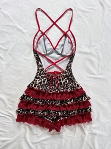 Soleia Women's Vacation Multi-Color Vintage Leopard Print & Red V-Neck Backless Crisscross Strap Leopard Pleat Ruffle Splice Contrast Red Lace Sexy Romper, Suitable For Dating, Afternoon Tea, Vacation, Music Festival, Bohemian Party, Carnival, Can Be Worn As Inner Wear Or Outerwear,Leopard Print,Back To School,Homecoming - Multicolor - View 2