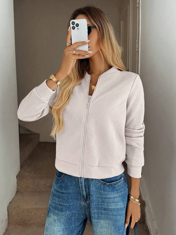 SHEIN LUNE Fashionable Casual Jacquard Knitted Khaki Jacket, Suitable For Commuting
