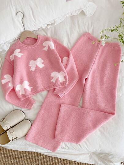 SHEIN Vintaside Kids Fashionable Versatile Casual Cute Pink Tween GirlsCrew Neck Sweater And Straight Leg Pants Set Girls Knit Set Girls Sweater Sets Tween Matching Set Knit Girls Winter Sets Girls Lounge Set Fall