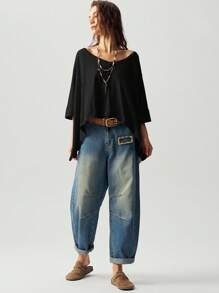 Bohemela Áo thun dệt kim cổ chữ V rộng rãi, giặt sạch cỡ lớn - màu đen - Xem 4