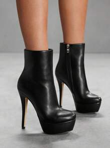 CUCCOO SZL Giày bốt cổ ngắn màu đen đế cao gợi cảm thời trang cho nữ đế cao mỏng thường ngày đa năng có khóa kéo bên hông - màu đen - Xem 7