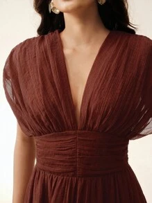 Anewsta Vestido con cuello en V, hombros drapeados, mangas y cintura definida, atuendo de vacaciones y playa, para primavera y verano - Óxido marrón - Ver 4