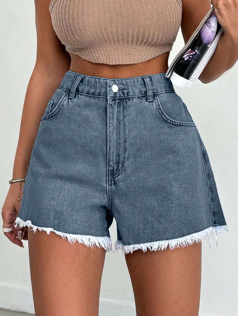 EURMUSE 100%纯棉女款浅蓝色石洗磨边牛仔短裤 - 藍色 - 查看 1