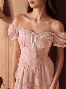 Savoree 优雅花卉印花泡泡袖系腰蕾丝边连衣裙，适合女士，婚礼宾客礼服，仙女裙，露肩