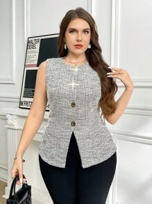 Ellevyn Camisa elegante sin mangas de cuello redondo de solapa única para mujer talla grande - Multicolor - Ver 13