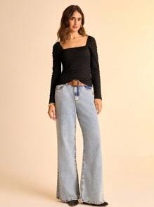 CAJUNI Camiseta corta de manga larga, cuello cuadrado, ajustada, de punto texturizado negro para mujer - Negro - Ver 1