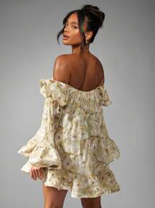 MISSGUIDED Chiffon Off Shoulder Mini Dress Floral Print Ruffle Bell Sleeve Spring Summer Wedding Guest Boho Garden Party Smock - Yellow - View 2