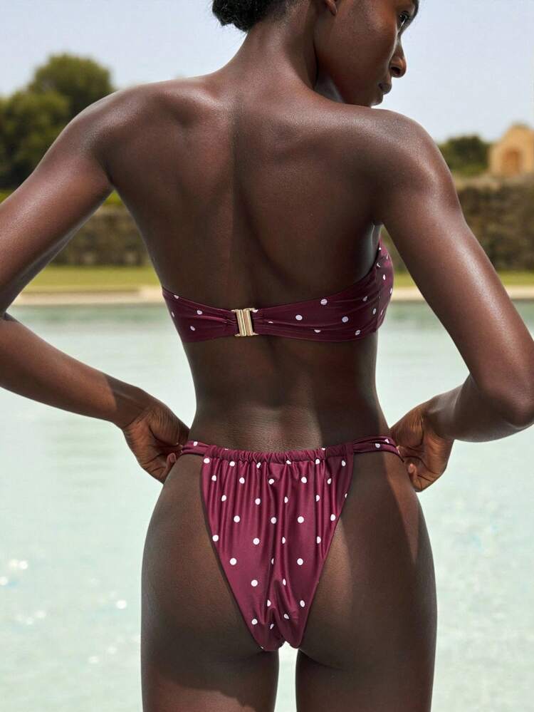 SHEIN Maija Women's Beach Vacation Polka Dot Print Bikini Swimsuit Set, Old Money, Vintage Polka Dot Bikini Polka Dot Bikini Polka Dot Bathing Suit Sun Charm Bikini, Tube Top