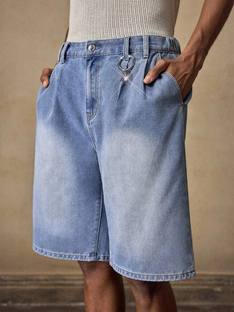 Men Elastic Waist Loose Plain Cotton Denim Shorts, White, Casual Daily Wear, Suitable For Commuting, Spring/Summer, Vacation, Party, Wedding, Couples, Boyfriend Gift, Beachwear, Father's Day Gift