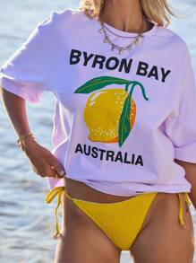 Aralina 女士超大号拜伦湾柠檬图案T恤，适合夏季度假穿着 - 淺灰紫 - 查看 4