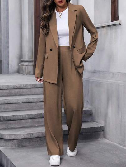 Lumivelle Women's Solid Color Lapel Collar Long Sleeve Jacket And Pants Casual Suit Set Brown Pantsuit Women Blazer Set Brown Blazer Set Two Pieces Pantsuit Women Suit Fall Cloth For Women