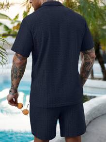 VENTUSAIL 2 件套男士纯色纽扣镂空衬衫和短裤套装，度假纯色丈夫休闲装，适合度假、海边、日常休闲、夏季装男士度假装男士夏季服装 - 寶藍色 - 查看 2