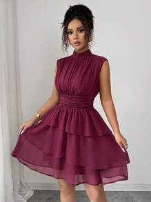 Elenzga 女士休闲通勤度假下午茶派对纯色雪纺褶皱面料小领腰部褶皱分层下摆无袖短款意大利风格荷叶边细节连衣裙 - 中紫紅色 - 查看 2