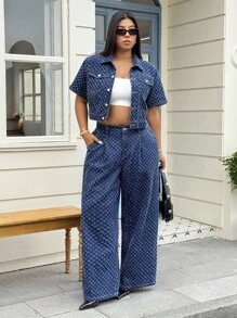 SHEIN ICON 大码女式钩针牛仔夹克，短袖，春夏 - 深色水洗藍 - 查看 4