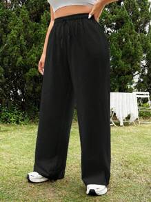 SHEIN EZwear 大码女式纯色抽绳腰宽松阔腿休闲裤 - 黑色 - 查看 5