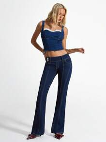 SHEIN Unity Women's Casual Low-Waist Denim Bell-Bottom Pants With Pockets - Dark Wash - View 1