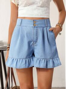 EMERY ROSE Women's Casual Washed Ruffle Hem Denim Shorts