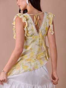 Enchnt Summer/Fall Romantic Women's Butter Yellow Lace Floral Print Asymmetric V-Neck Sleeveless Ruffle Hem Blouse - Yellow - View 7