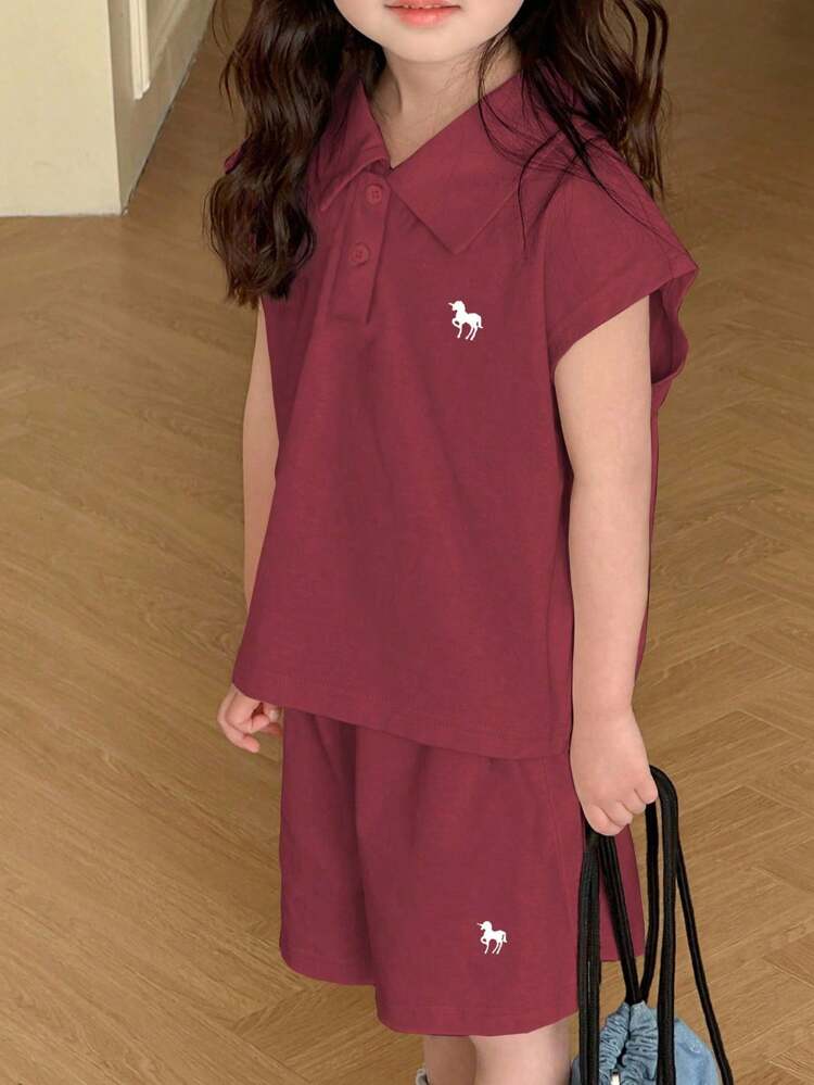 2pcs Young Girls Polo Collar Knit Graphic Embroidery Short Sleeve T-Shirt + Knit Shorts Set, Summer