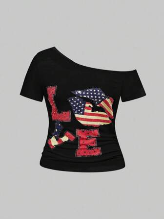 ROMWE Avant Avant Damen Große Größen T-Shirt mit asymmetrischem Ausschnitt, Flaggen-, Herz- und Lippen-Muster, Konzert