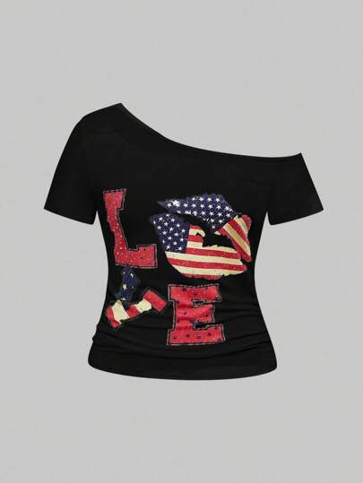 ROMWE Avant قميص تي شيرت للنساء ذوات المقاسات الكبيرة من أفانت، بطبعات علم وقلب وشفاه، بياقة غير متماثلة، للحفلات الموسيقية