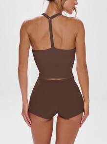Musera Sport Top ajustado con cuello halter y tirantes en la espalda para actividades, entrenamiento, gimnasio, pádel, tenis, pickleball - Marrón Chocolate - Ver 3