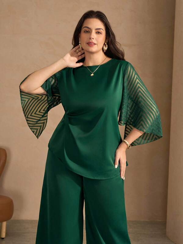 Chikora Set de 2 piezas de top y pantalones de talla grande para mujer con mangas acampanadas y estilo de malla elegante