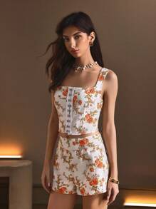 SHEIN BAE 女式优雅花卉印花无袖牛仔夏季衬衫 - 白色 - 查看 3