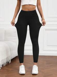 SHEIN PETITE Quần legging jean bó sát dệt kim dành cho nữ cỡ nhỏ - màu đen - Xem 4