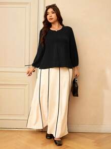 Elaquor Blusa larga de manga larga, elegante, con cuello redondo y bajo asimétrico, talla grande - Negro - Ver 6