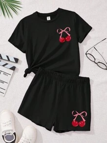 SHEIN Leap Crew 青少年女孩休闲简约短袖和短裤两件套，适合夏季 - 黑色 - 查看 3