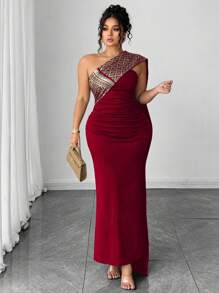 Elenzga Plus Size Long Fitted Dress With Middle Eastern Design, Strapless - Burgundy - View 5