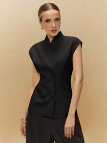 Poéselle Women's Elegant Commuting Solid Color Double-Breasted Thin Blazer In Fall/Winter - Black - View 3