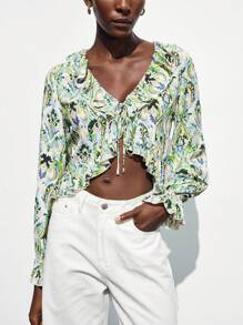 Maija Blusa de manga larga con estampado retro de tótem, con lazo delantero, ribete de volantes, top de estilo bohemio para mujeres - Multicolor - Ver 5