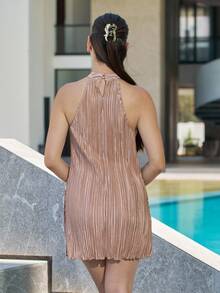 Andrea Bello 女式掛脖紋理修身連身裙 - 杏色 - 查看 2