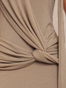 Lumalex 女式扭花领单肩鱼尾修身闪亮超长连衣裙 - 卡其色 - 查看 6