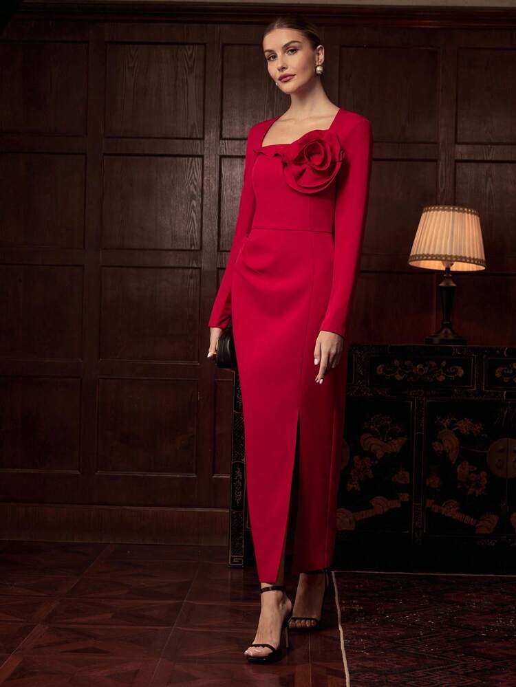 ZEYLAH Elegant Long Floral Print Waist Tie Long Sleeve Dress, Autumn/Winter