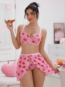 SHEIN 3pcs/Set Printed Mesh Front Opening Underwire Sexy Women Lingerie Set - Multicolor - View 4