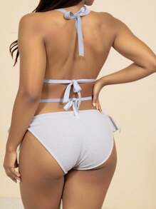 SHEIN Swim Curve Bộ bikini tam giác cạp cao cổ yếm vải nhún màu trơn cỡ lớn cho nữ, phù hợp mặc trong ngày lễ và thường ngày - trắng - Xem 2