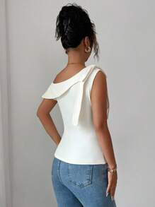 Elenzga Women's Elegant Apricot Oblique Shoulder Fitted T-Shirt With Bowknot Decor