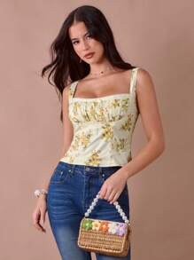 Enchnt 夏季浪漫女士奶油黄色花卉印花系带前褶皱方领吊带背心上衣，休闲舒适，适合生日、节日派对、甜蜜约会、日常通勤、度假和婚礼季节必备，夏季百搭女士，音乐会女士 - 黃色 - 查看 3