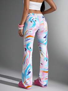SHEIN Jeanoir Women's Fashion Tie-Dye Print Slim Flare Leg Jeans - Blue - View 2