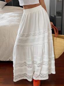 Livesso 秋季女士纯色宽松撞色蕾丝松紧腰休闲度假A字裙